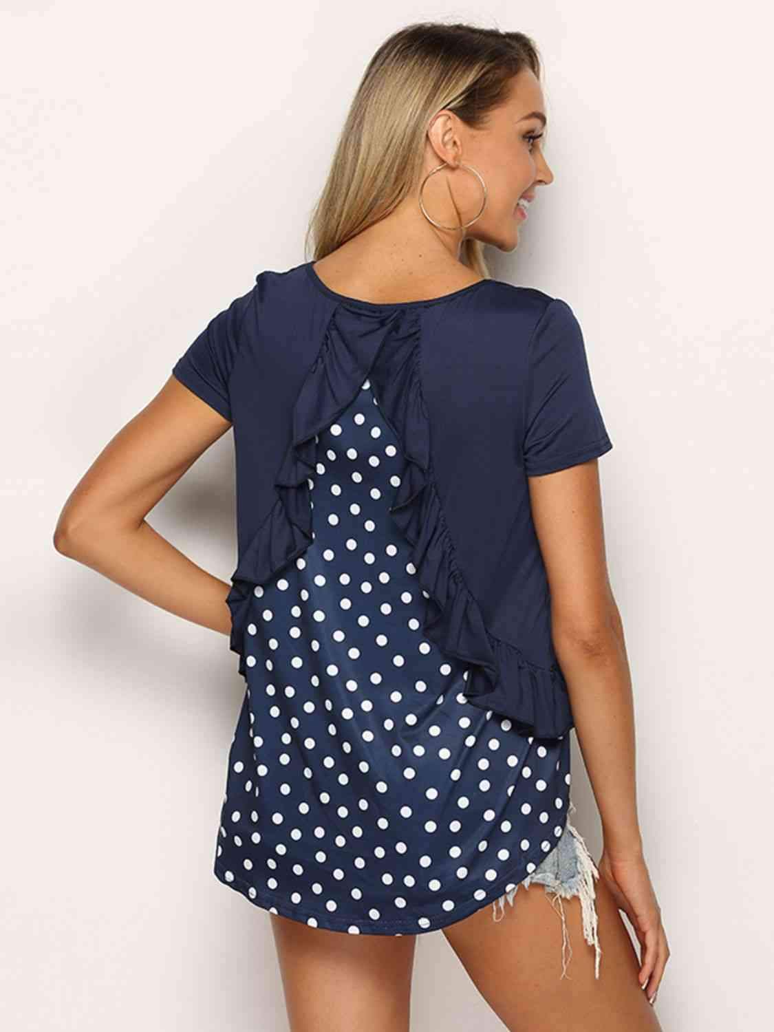 Polka Dot Ruffled Round Neck Top Navy Blouses - Tophatter Daily Deals