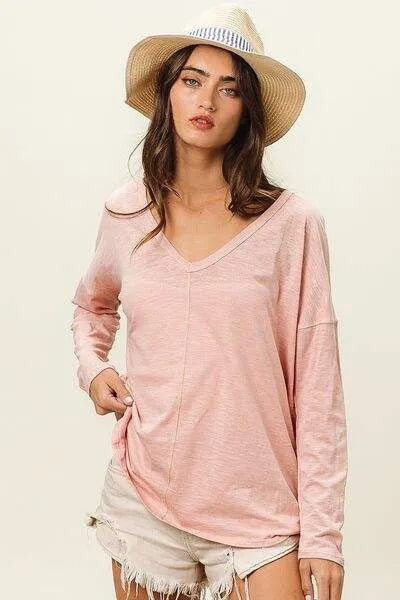 BiBi Exposed Seam V-Neck Long Sleeve T-Shirt Women's T-Shirts - Tophatter Daily Deals