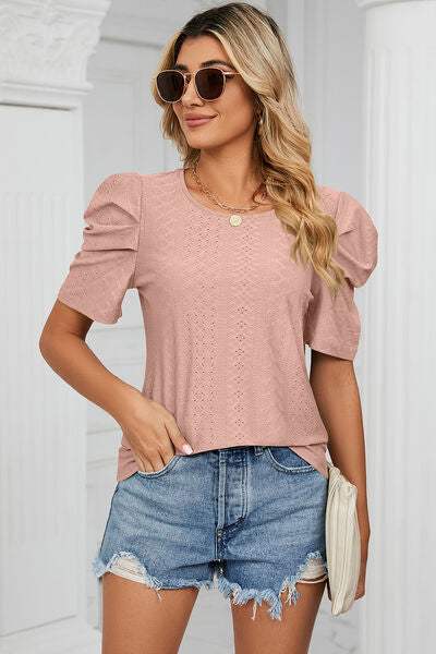 Eyelet Round Neck Puff Sleeve T-Shirt Women's T-Shirts - Tophatter Daily Deals