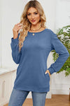 Ruched Round Neck Long Sleeve T-Shirt Misty Blue Women's T-Shirts - Tophatter Daily Deals