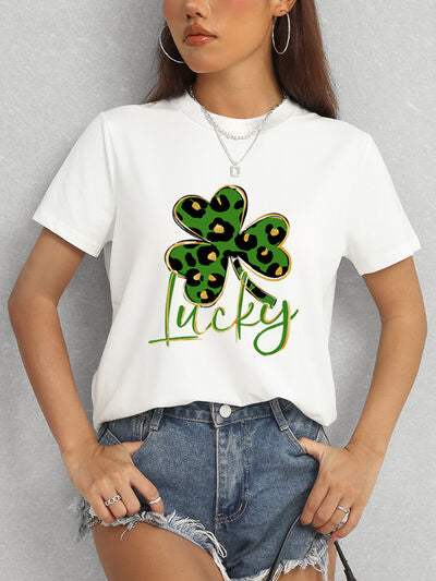 Lucky Clover Round Neck Short Sleeve T-Shirt Women's T-Shirts - Tophatter Daily Deals