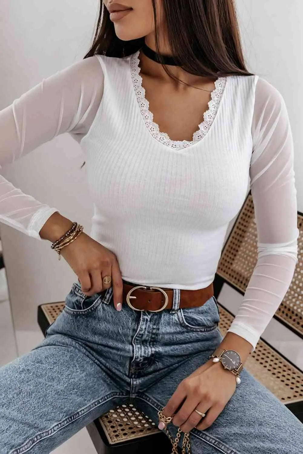 Lace Trim Ribbed Top Blouses - Tophatter Daily Deals