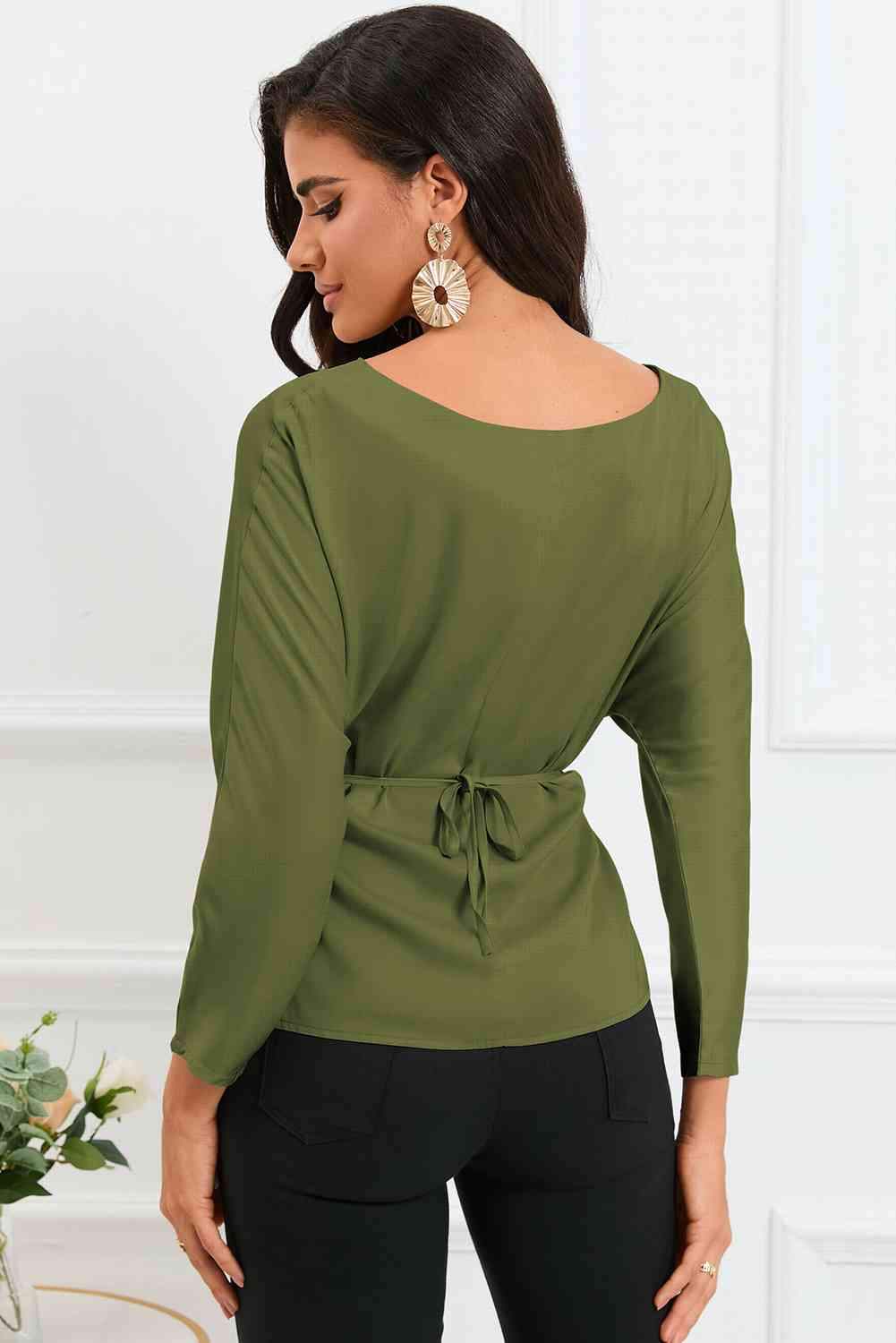 Boat Neck Back Tie Long Sleeve Satin Blouse Blouses - Tophatter Daily Deals