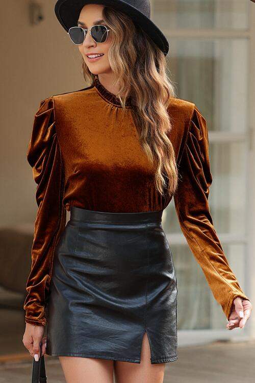 Round Neck Puff Sleeve Velvet Blouse Blouses - Tophatter Daily Deals