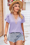 Eyelet V-Neck Petal Sleeve T-Shirt Lavender Women's T-Shirts - Tophatter Daily Deals