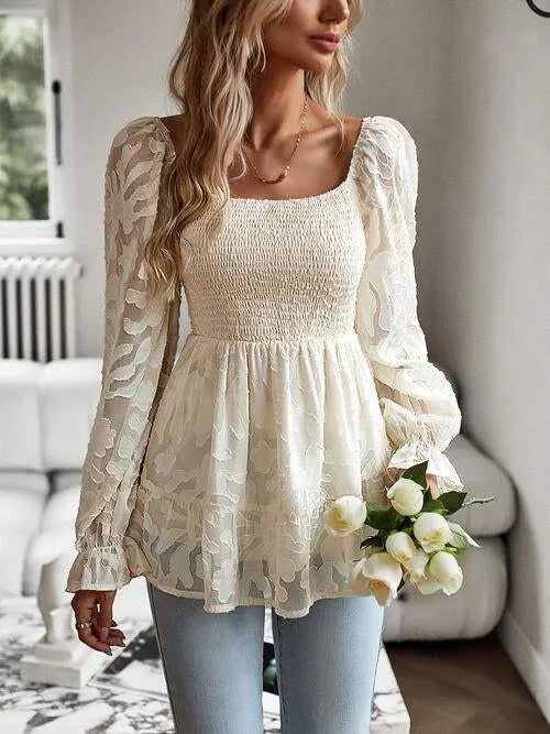 Smocked Flounce Sleeve Peplum Blouse Blouses - Tophatter Daily Deals