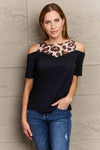 Leopard Print Round Neck Cold Shoulder Blouse Black Blouses - Tophatter Daily Deals