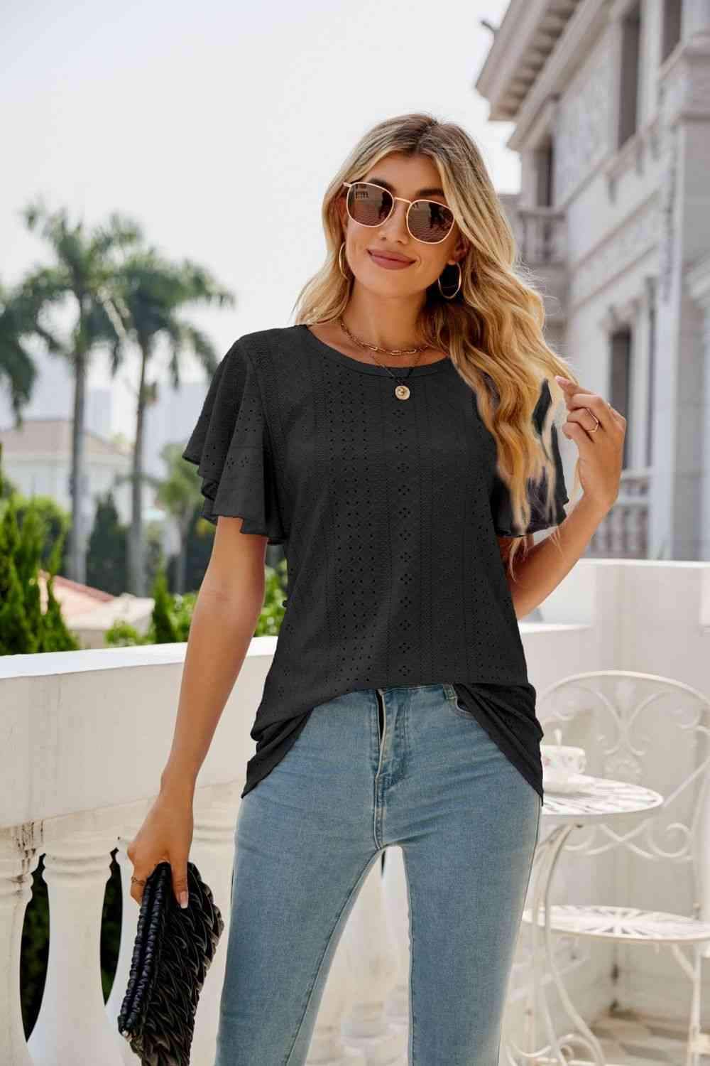 Eyelet Flutter Sleeve Round Neck Top Blouses - Tophatter Daily Deals