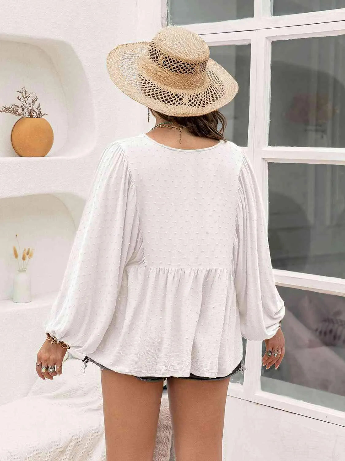 Plus Size Swiss Dot Tie Neck Lantern Sleeve Blouse Blouses - Tophatter Daily Deals