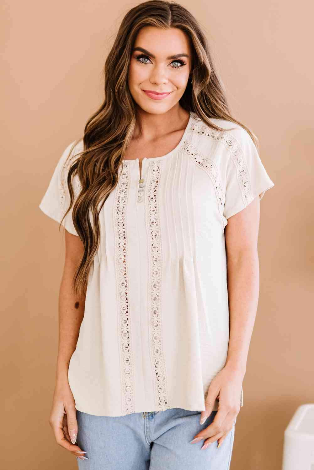 Crochet Eyelet Buttoned Short Sleeves Top Blouses - Tophatter Daily Deals