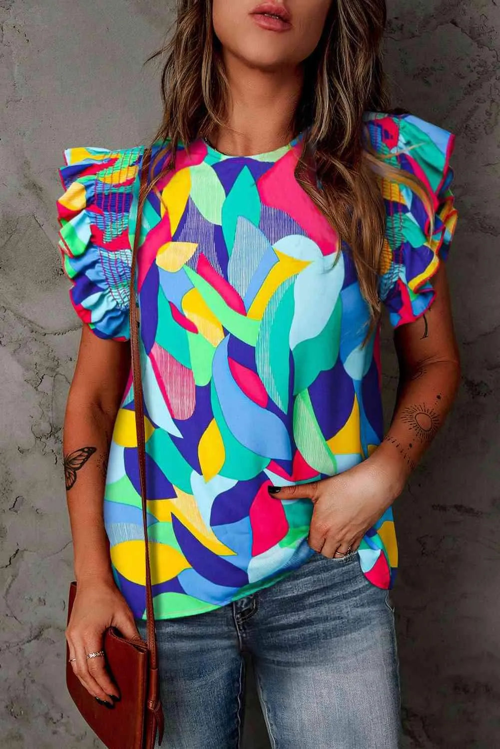 Printed Round Neck Butterfly Sleeve Top Multicolor Blouses - Tophatter Daily Deals