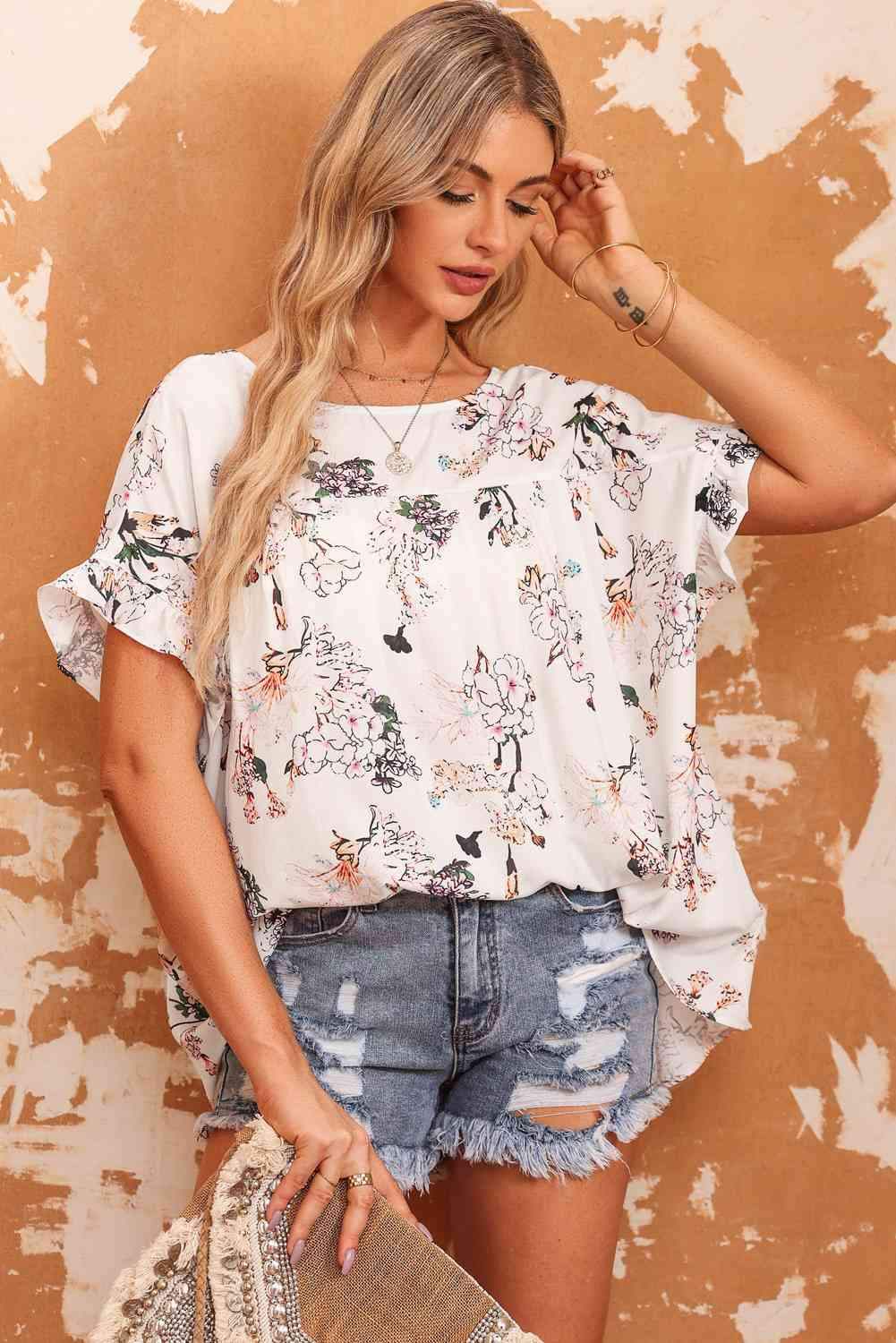 Floral Boat Neck Flounce Sleeve Blouse Blouses - Tophatter Daily Deals