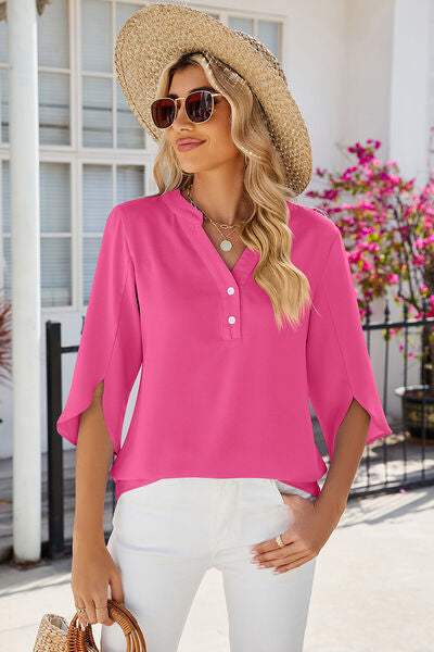 Notched Half Button T-Shirt Hot Pink Women's T-Shirts - Tophatter Daily Deals