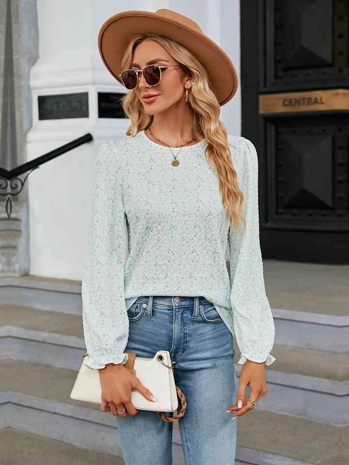 Printed Round Neck Flounce Sleeve Blouse Light Green Women's T-Shirts - Tophatter Daily Deals