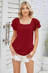 Square Neck Flutter Sleeve Top Red Orange Blouses - Tophatter Daily Deals