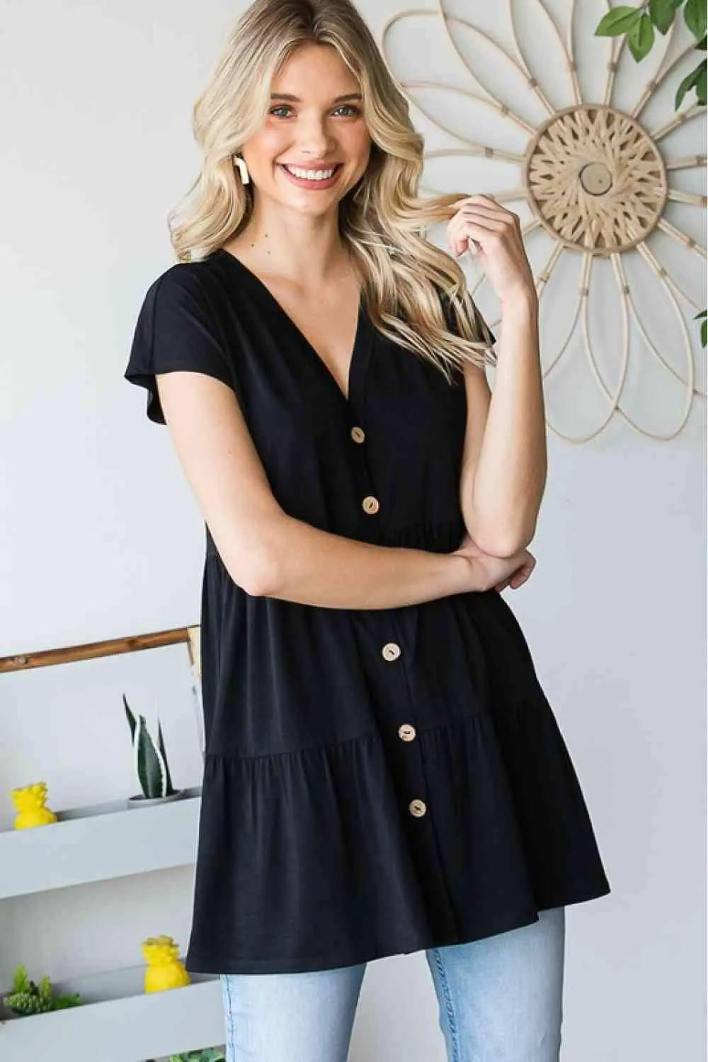 Heimish Full Size Buttoned V-Neck Tiered Top Blouses - Tophatter Daily Deals