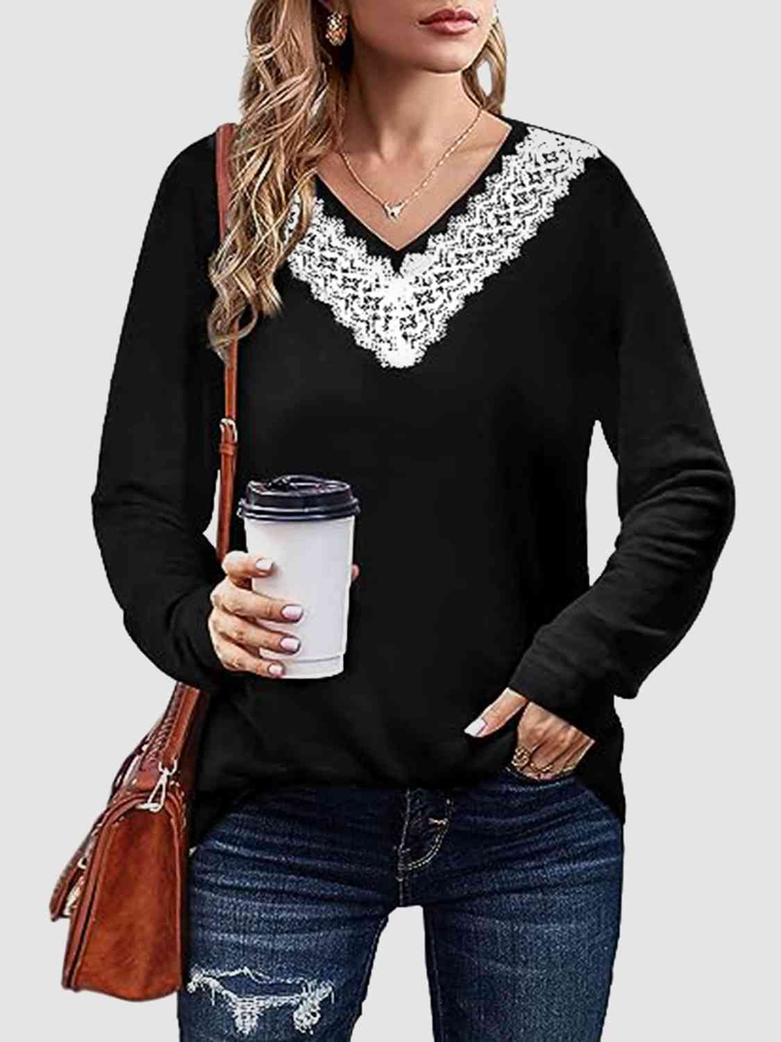 Lace Detail V-Neck Long Sleeve Top Women's T-Shirts - Tophatter Daily Deals