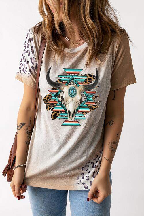 Round Neck Short Sleeve Graphic T-Shirt Beige Women's T-Shirts - Tophatter Daily Deals