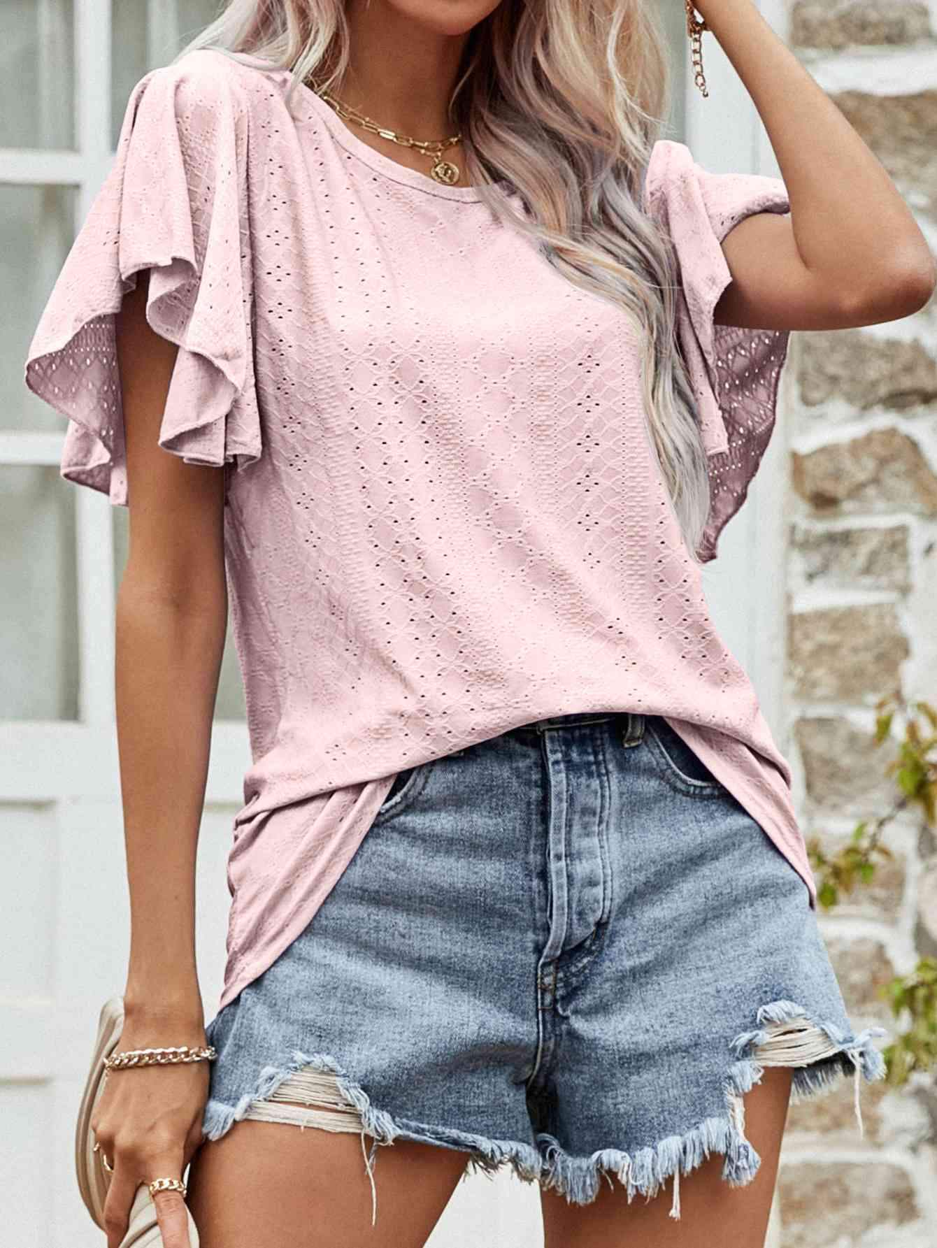 Round Neck Flutter Sleeve Blouse Blouses - Tophatter Daily Deals