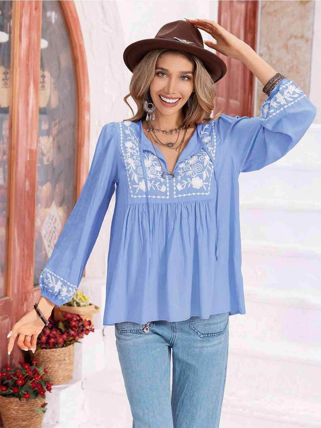 Floral Tie Neck Balloon Sleeve Blouse Blouses - Tophatter Daily Deals