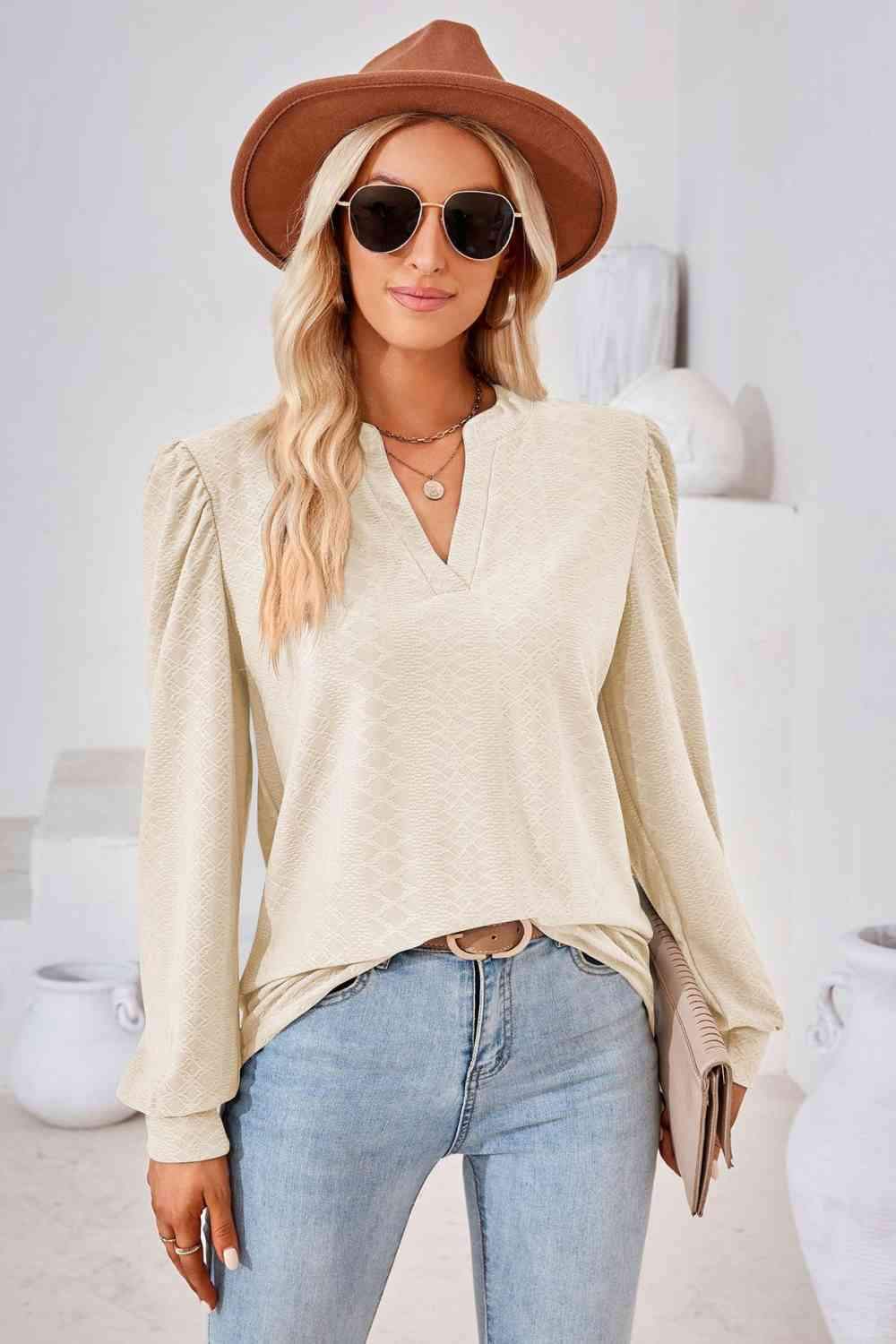 V-Neck Puff Sleeve Blouse Sand Blouses - Tophatter Daily Deals