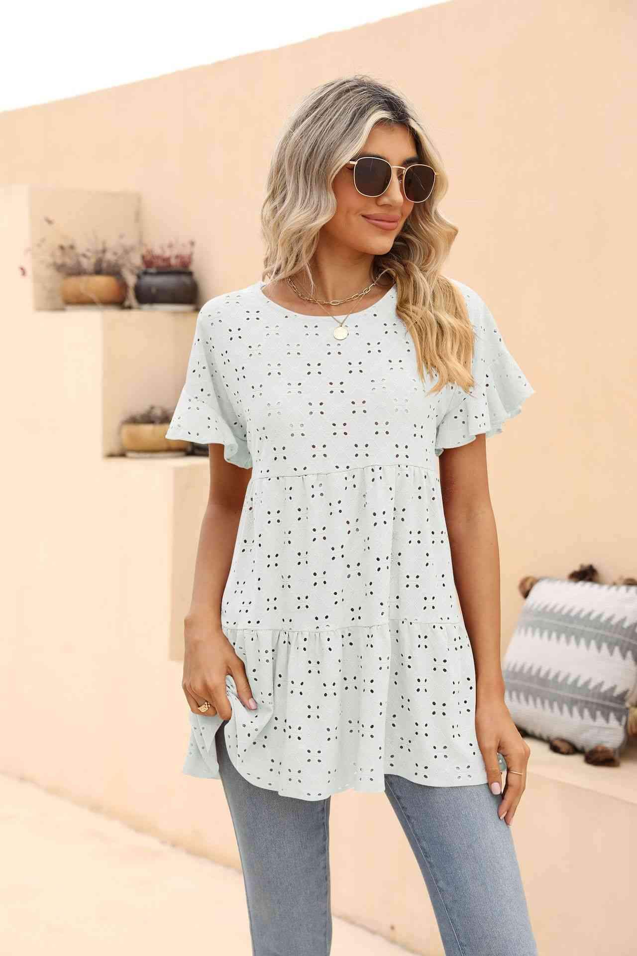 Openwork Round Neck Flounce Sleeve Blouse Blouses - Tophatter Daily Deals