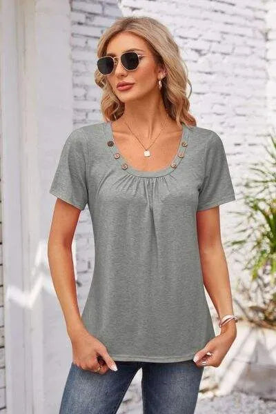 Decorative Button Scoop Neck T-Shirt Women's T-Shirts - Tophatter Daily Deals