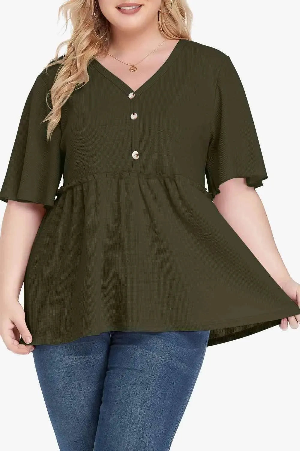 Plus Size Buttoned V-Neck Frill Trim Babydoll Blouse Blouses - Tophatter Daily Deals