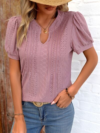 Eyelet Notched Puff Sleeve T-Shirt Women's T-Shirts - Tophatter Daily Deals