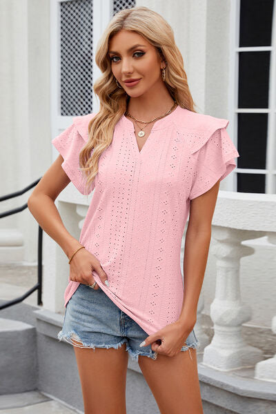 Eyelet Notched Short Sleeve T-Shirt Blush Pink Women's T-Shirts - Tophatter Daily Deals