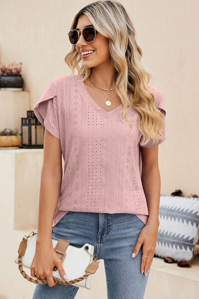 Eyelet V-Neck Petal Sleeve T-Shirt Women's T-Shirts - Tophatter Daily Deals