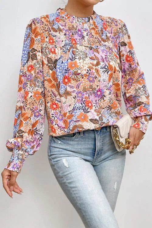 Multicolour Floral Print Sleeve Frilled Round Neck Blouse Blouses - Tophatter Daily Deals