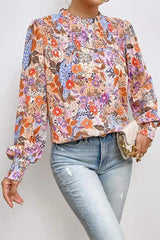 Multicolour Floral Print Sleeve Frilled Round Neck Blouse Blouses - Tophatter Daily Deals