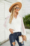 Waffle-Knit Spliced Lace Notched Top Blouses - Tophatter Daily Deals