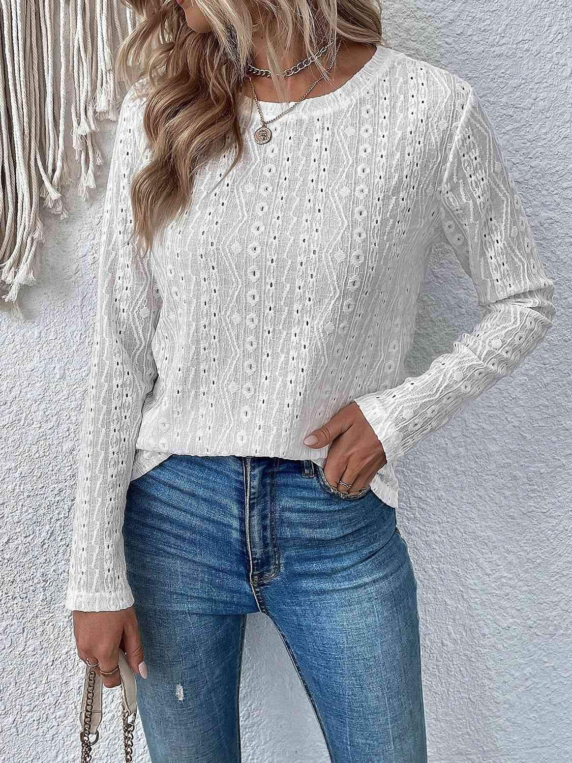 Eyelet Round Neck Long Sleeve Top White Women's T-Shirts - Tophatter Daily Deals