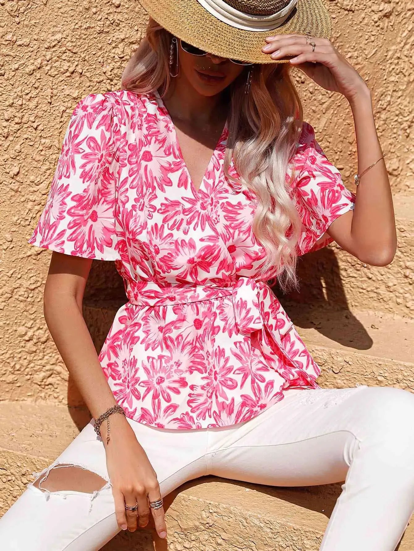 Floral Tie Belt Surplice Blouse Blouses - Tophatter Daily Deals