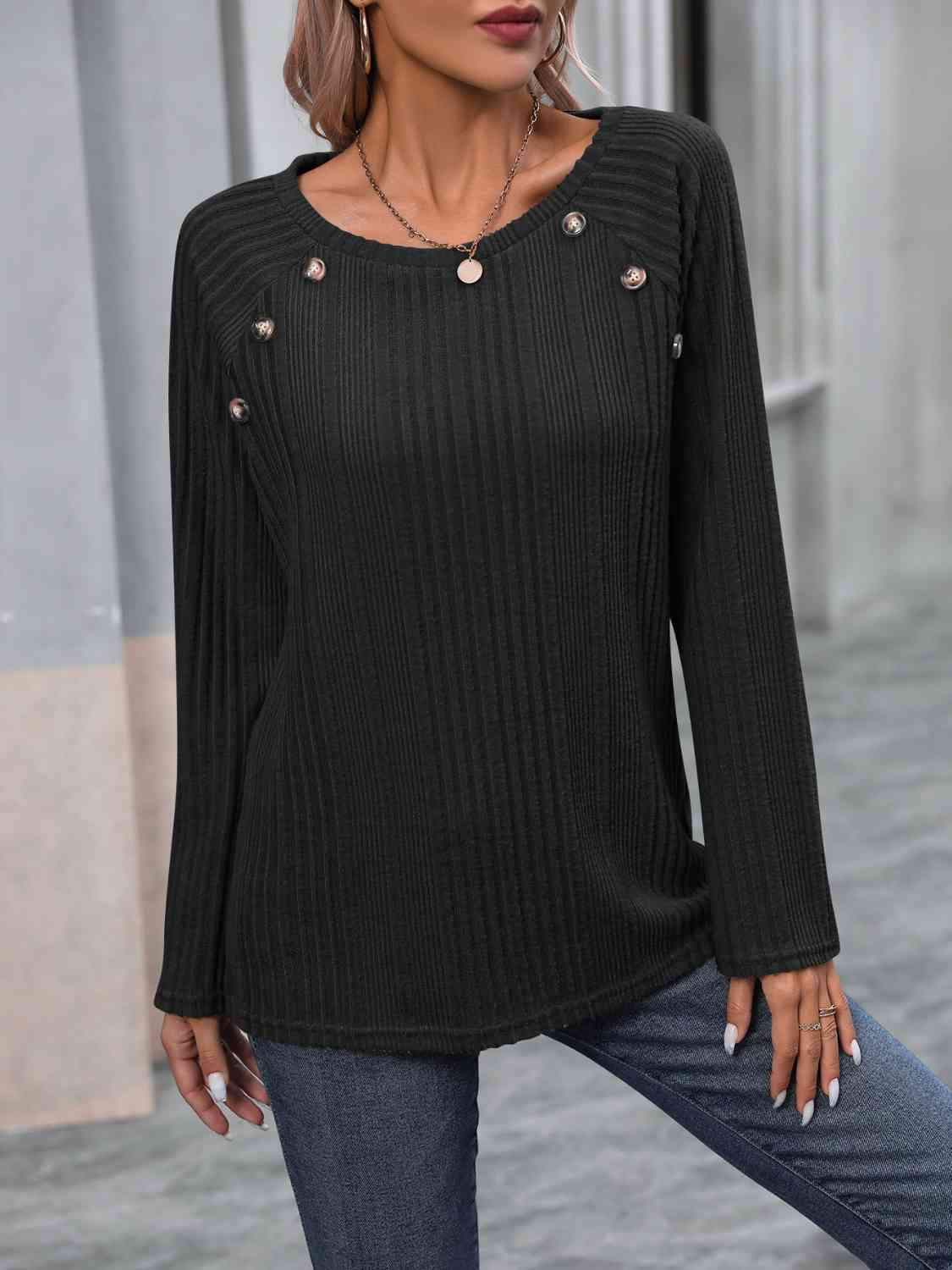 Ribbed Buttoned Round Neck Long Sleeve T-Shirt Black Women's T-Shirts - Tophatter Daily Deals