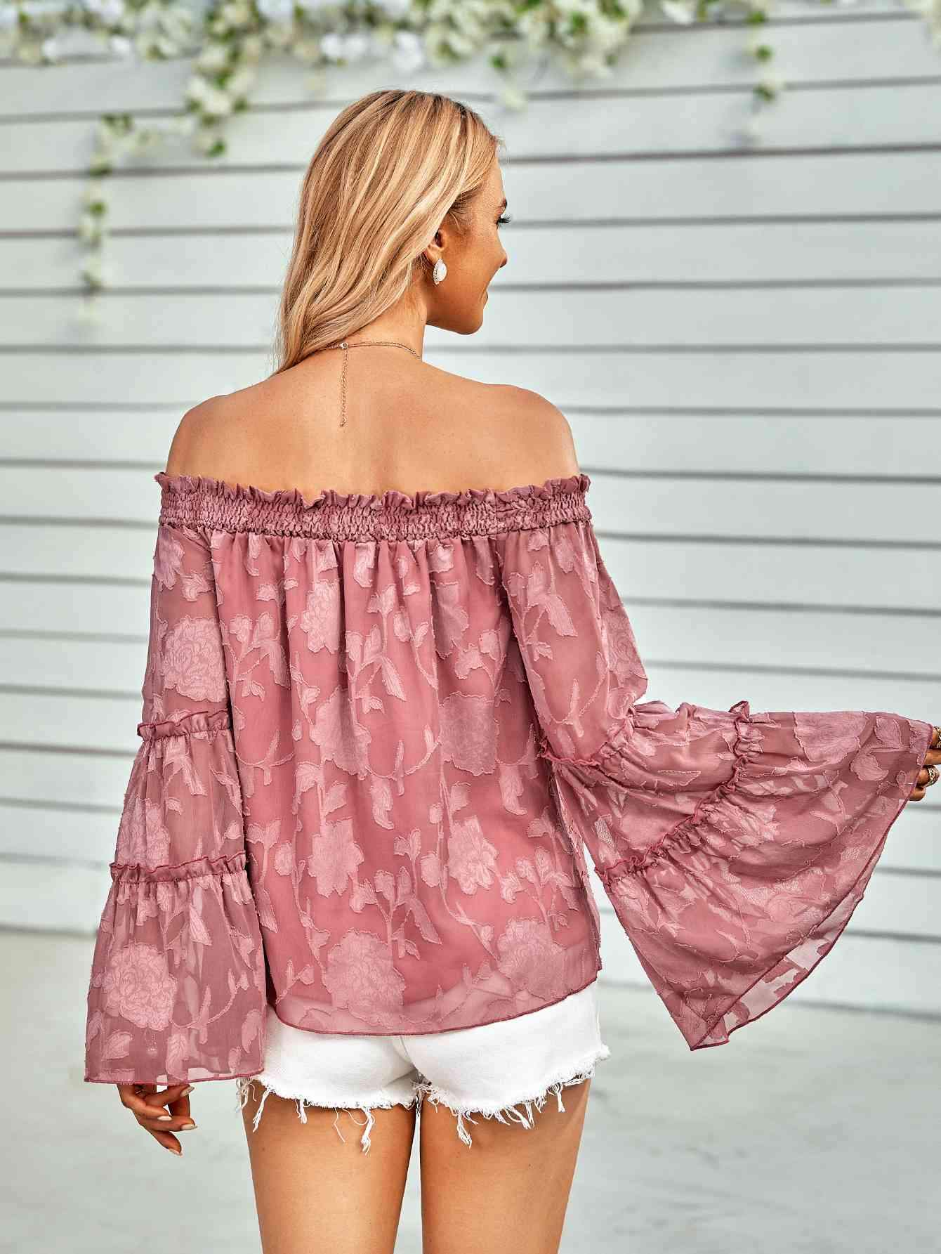 Applique Flounce Sleeve Off-Shoulder Blouse Blouses - Tophatter Daily Deals