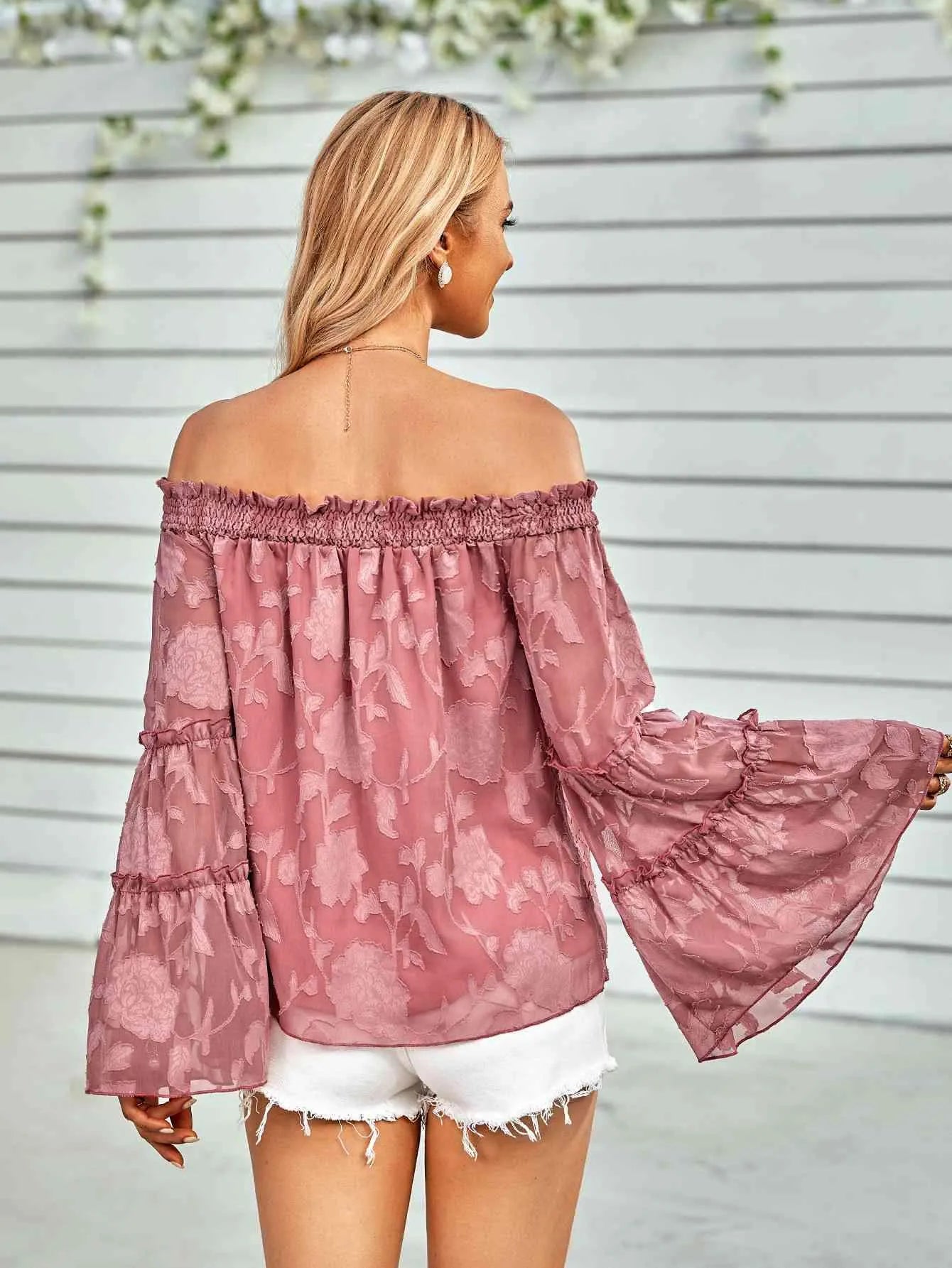 Applique Flounce Sleeve Off-Shoulder Blouse Blouses - Tophatter Daily Deals