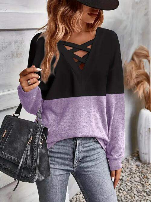 Contrast Crisscross V-Neck Long Sleeve Top Lavender Women's T-Shirts - Tophatter Daily Deals