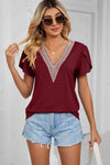 Contrast Trim Petal Sleeve V-Neck Top Wine Blouses - Tophatter Daily Deals