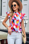 Printed Flutter Sleeve Frill Neck Top Blouses - Tophatter Daily Deals