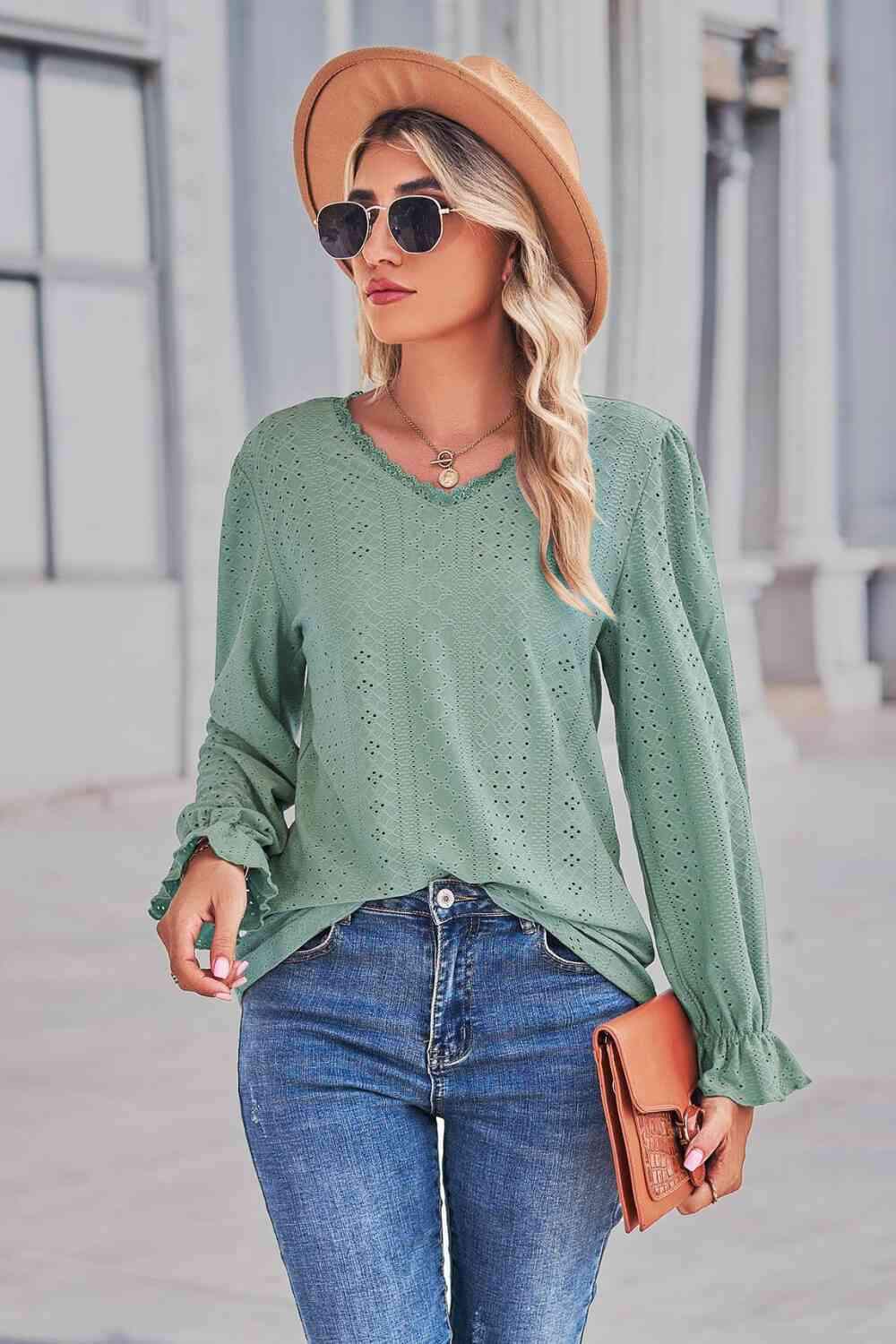 Lace Trim V-Neck Flounce Sleeve Top Blouses - Tophatter Daily Deals