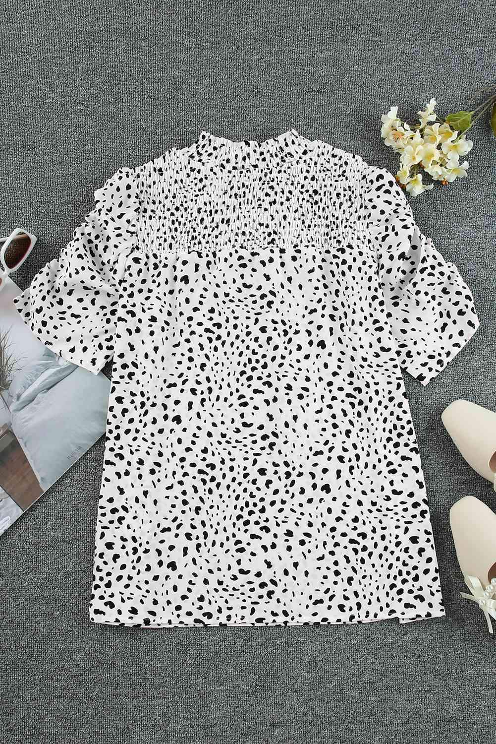 Printed Smocked Mock Neck Blouse Blouses - Tophatter Daily Deals