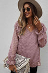 Swiss Dot Ruffle Shoulder Long Sleeve Blouse Blouses - Tophatter Daily Deals