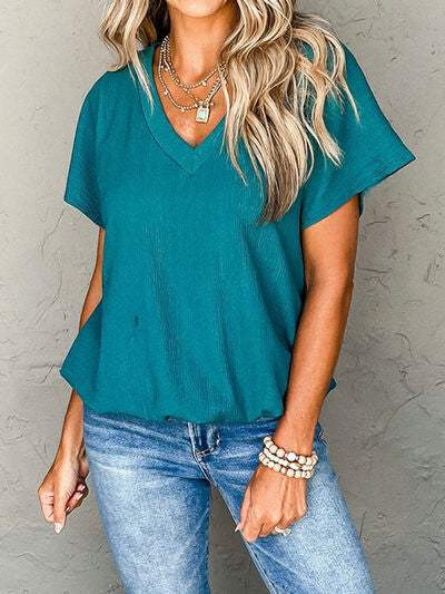 Textured V-Neck Short Sleeve T-Shirt Turquoise Women's T-Shirts - Tophatter Daily Deals