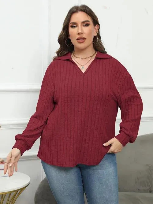 Plus Size Ribbed Collared Neck Long Sleeve Blouse Blouses - Tophatter Daily Deals