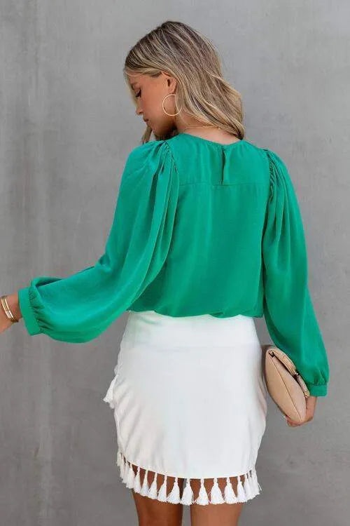 Round Neck Ruff Sleeve Blouse Blouses - Tophatter Daily Deals