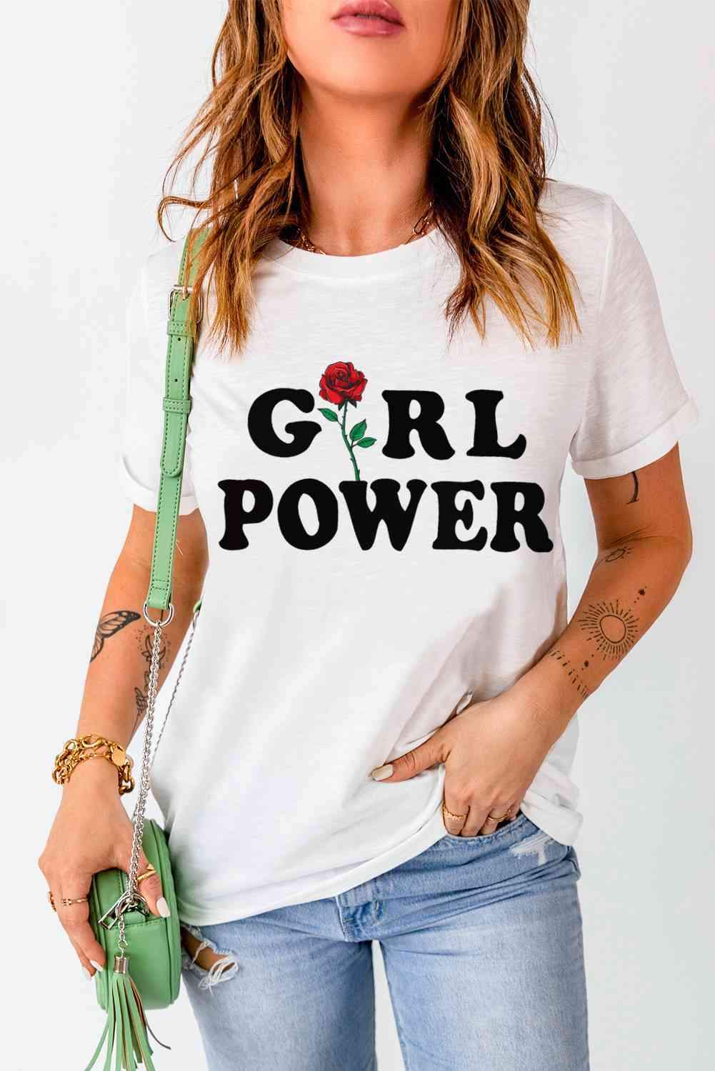 GIRL POWER Rose Graphic Tee Shirt Women's T-Shirts - Tophatter Daily Deals