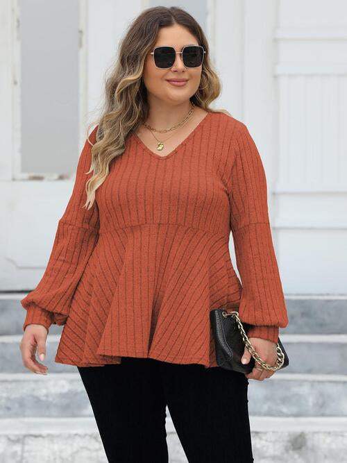 Plus Size Ribbed V-Neck Long Sleeve Blouse Red Orange Blouses - Tophatter Daily Deals